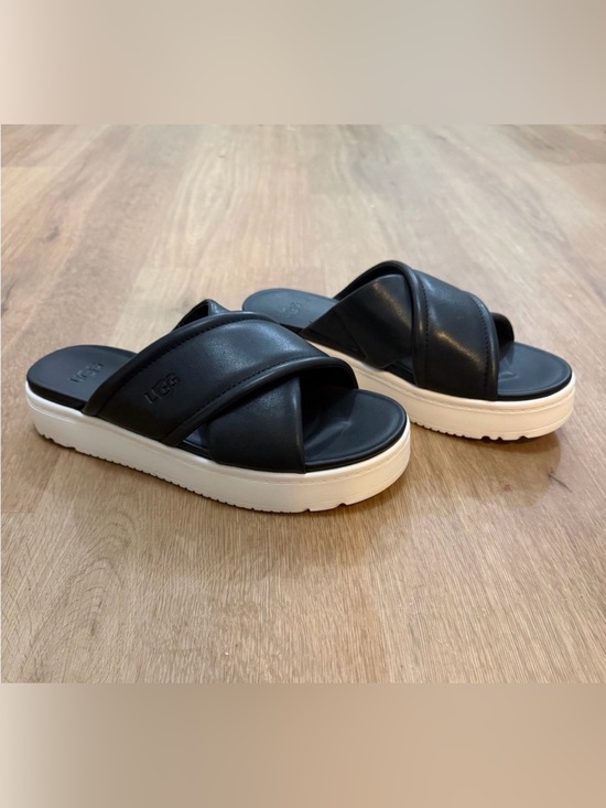 UGG Shoes - UGG Zayne Black Leather Crisscross Platform Slides with White Sole